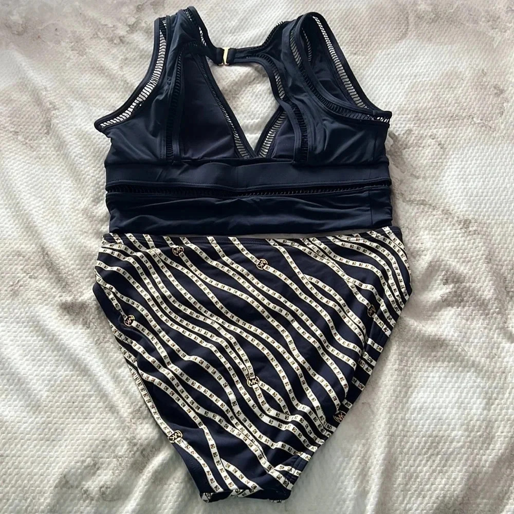 Michael Kors Solid Deep V Crop Bikini Top Large Navy Blue and Bottom Size Large - Picture 9 of 10
